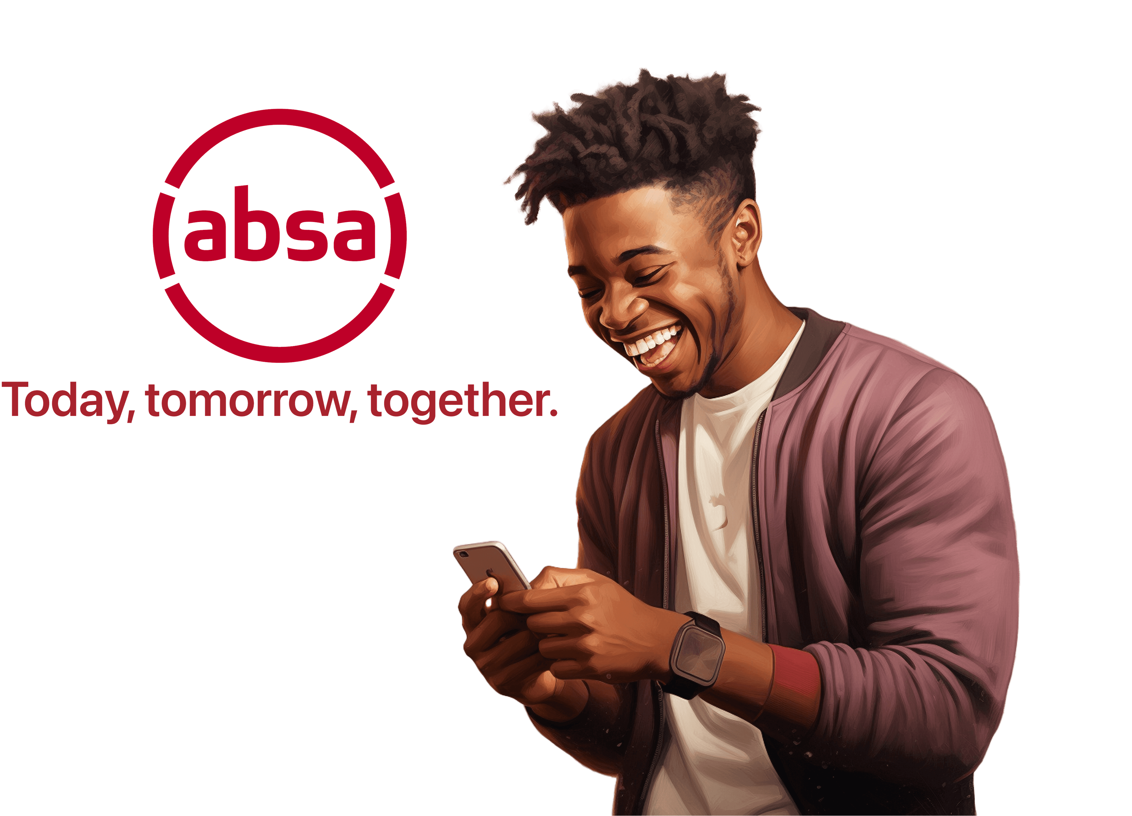 The ABSA logo beside its "Today, tomorrow, together." tagline, and an illustration of a customer smiling at their phone.