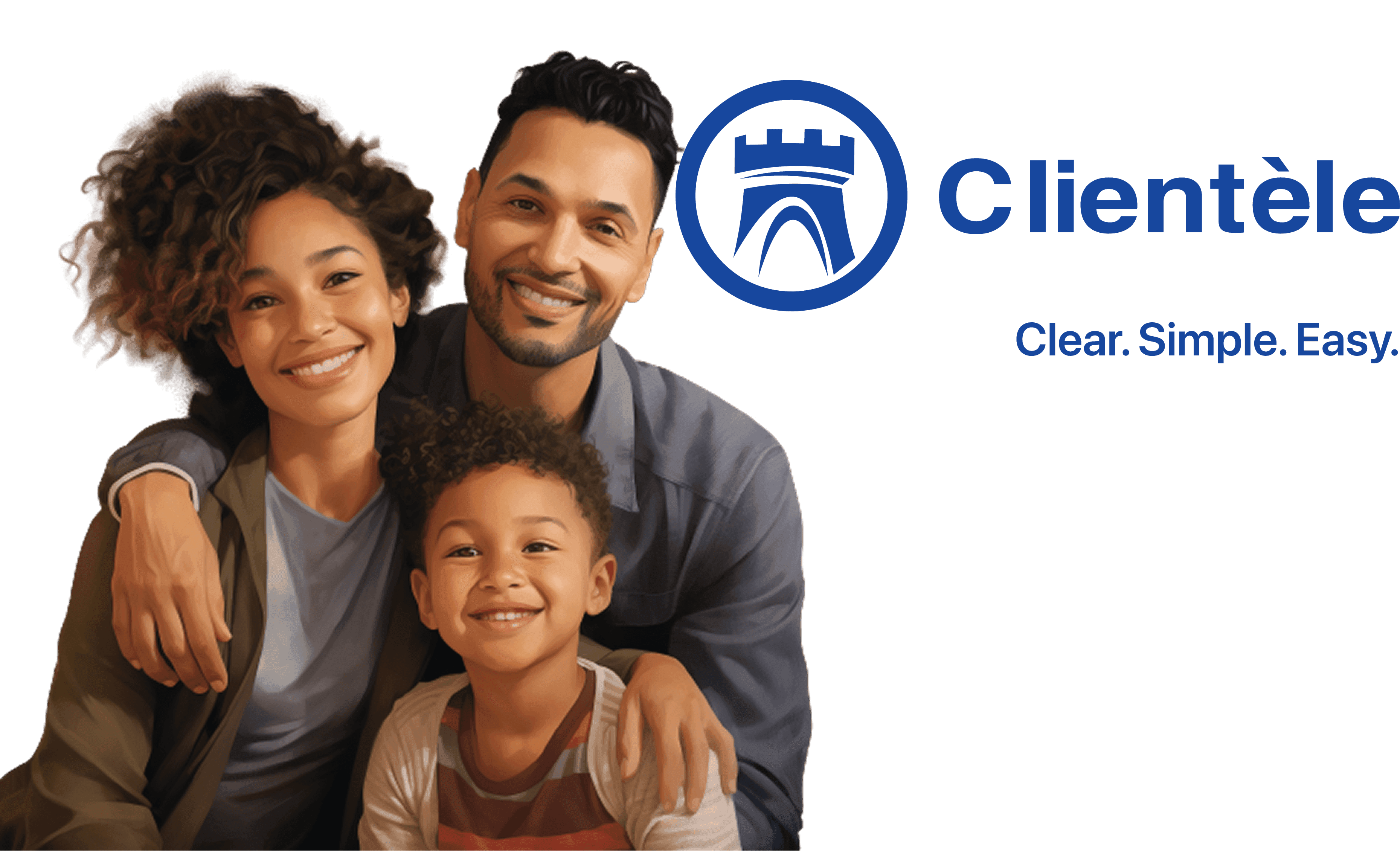 The Clientèle logo beside its "Clear. Simple. Easy." tagline, and an illustration of a family smiling together.