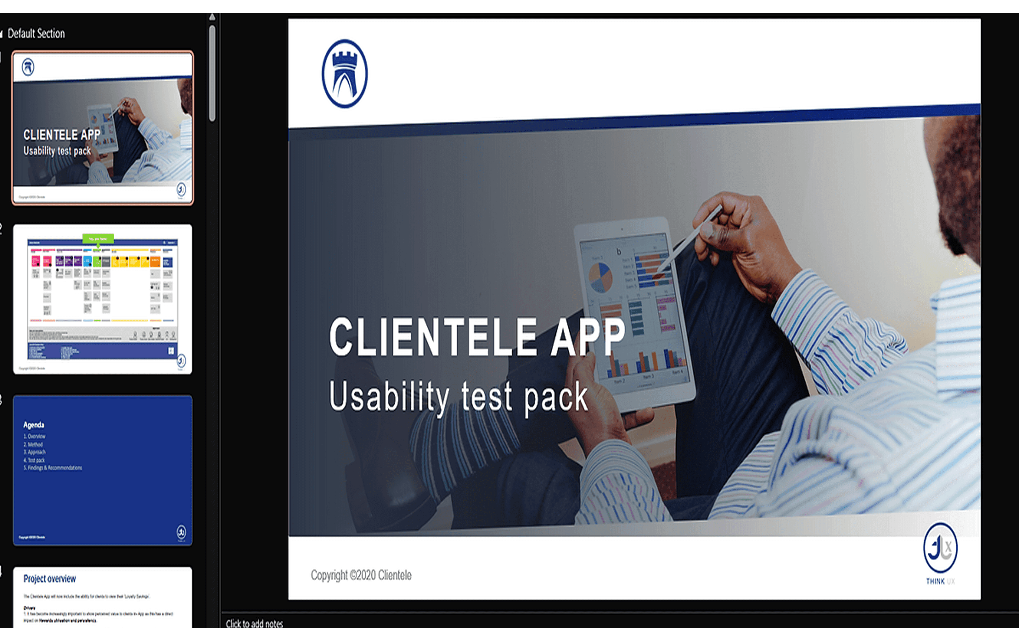 A slide from the Clientele App usability test pack, titled "Usability test pack".