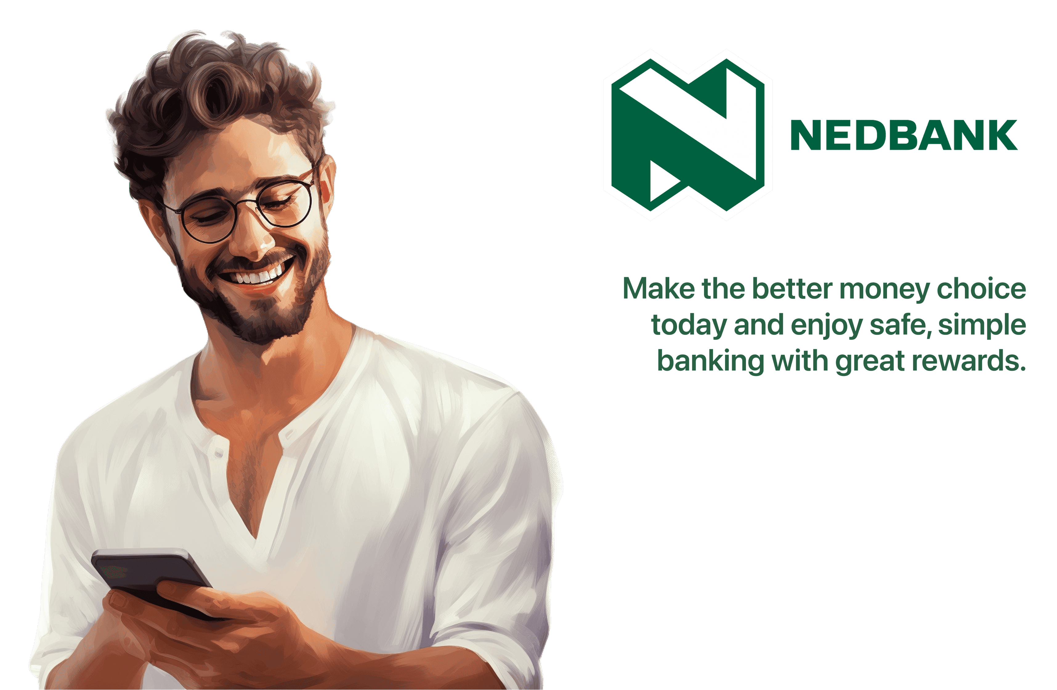 The Nedbank logo beside its "Make the better money choice today and enjoy safe, simple banking with great rewards" tagline, and an illustration of a man smiling at his phone.