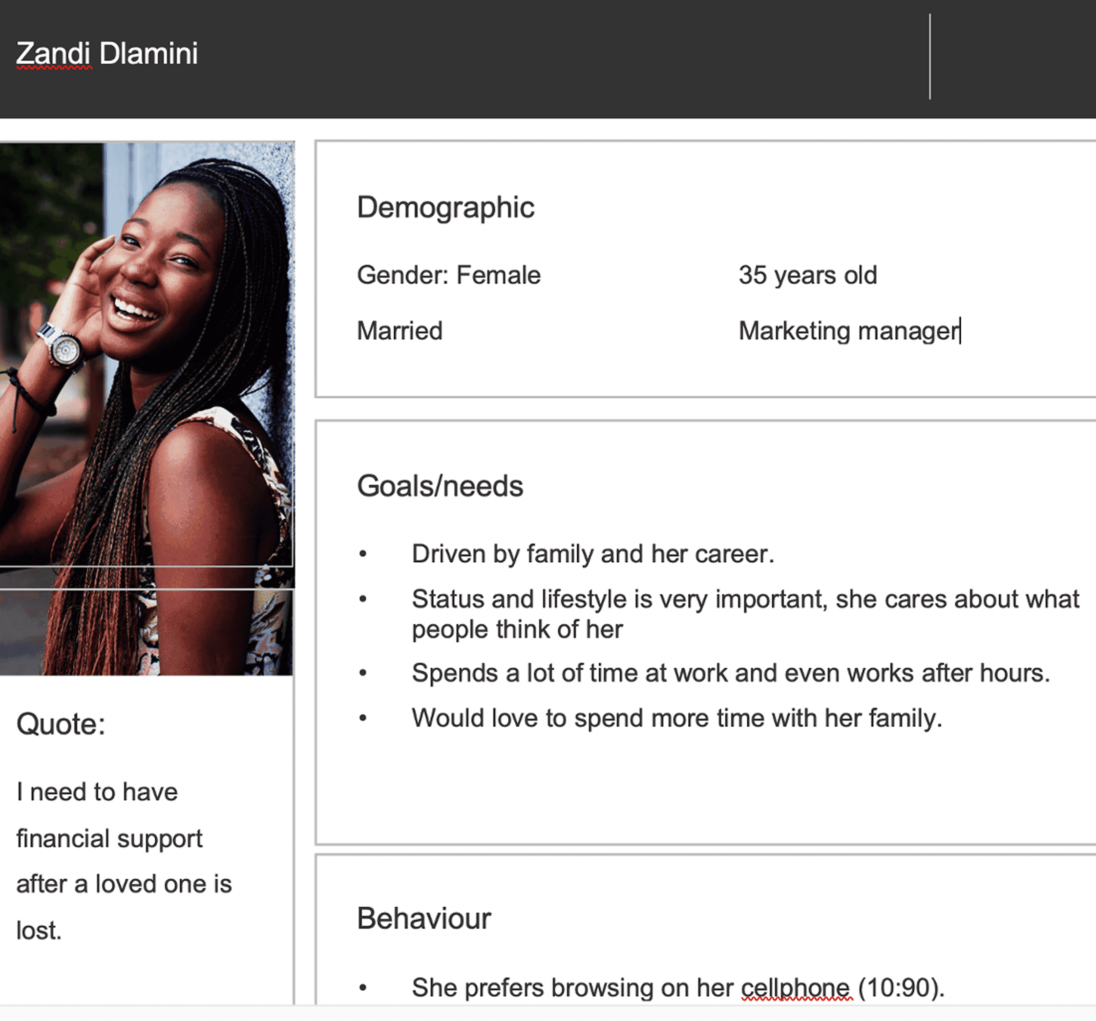 A persona sheet for "Zandi Dlamini", a 35-year-old married marketing manager, covering demographic, goals/needs and behaviour, with the quote "I need to have financial support after a loved one is lost."