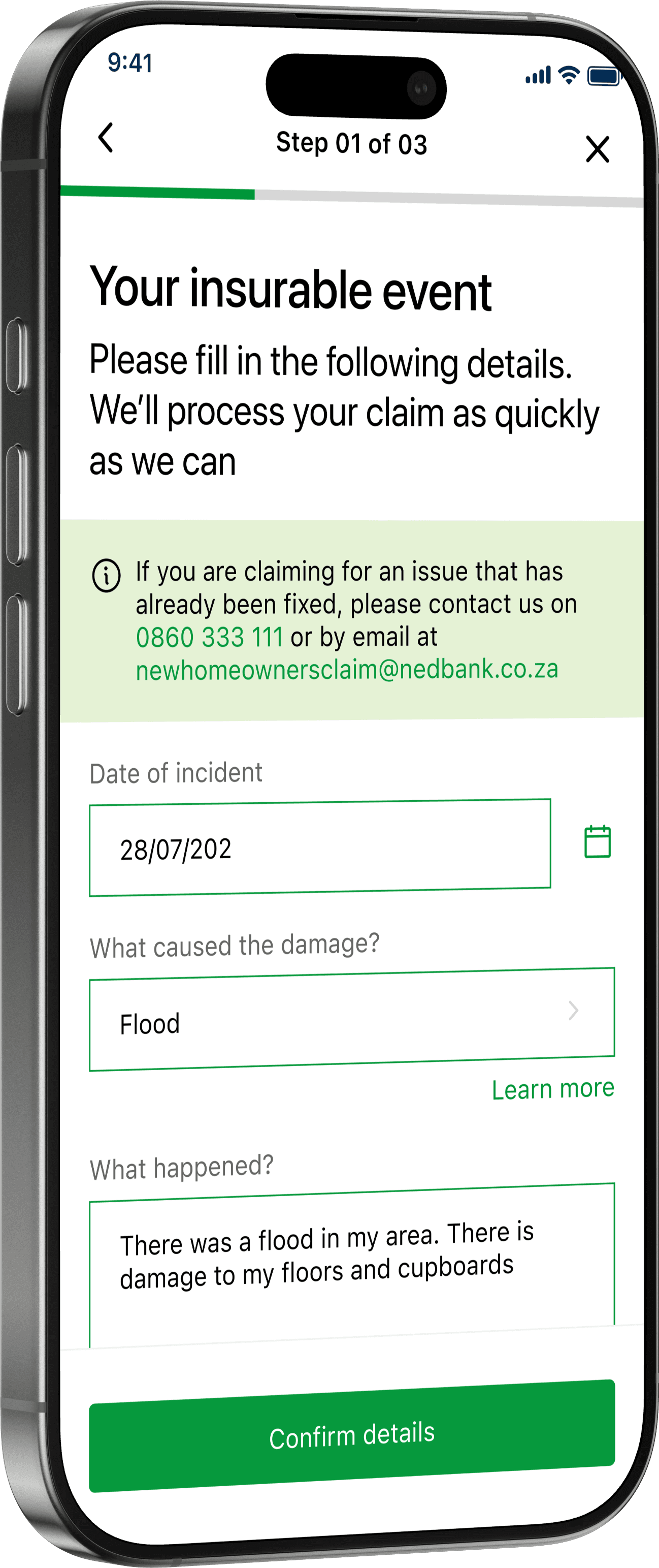 Step 1 of 3: "Your insurable event", a form capturing the date of incident, cause of damage and what happened.