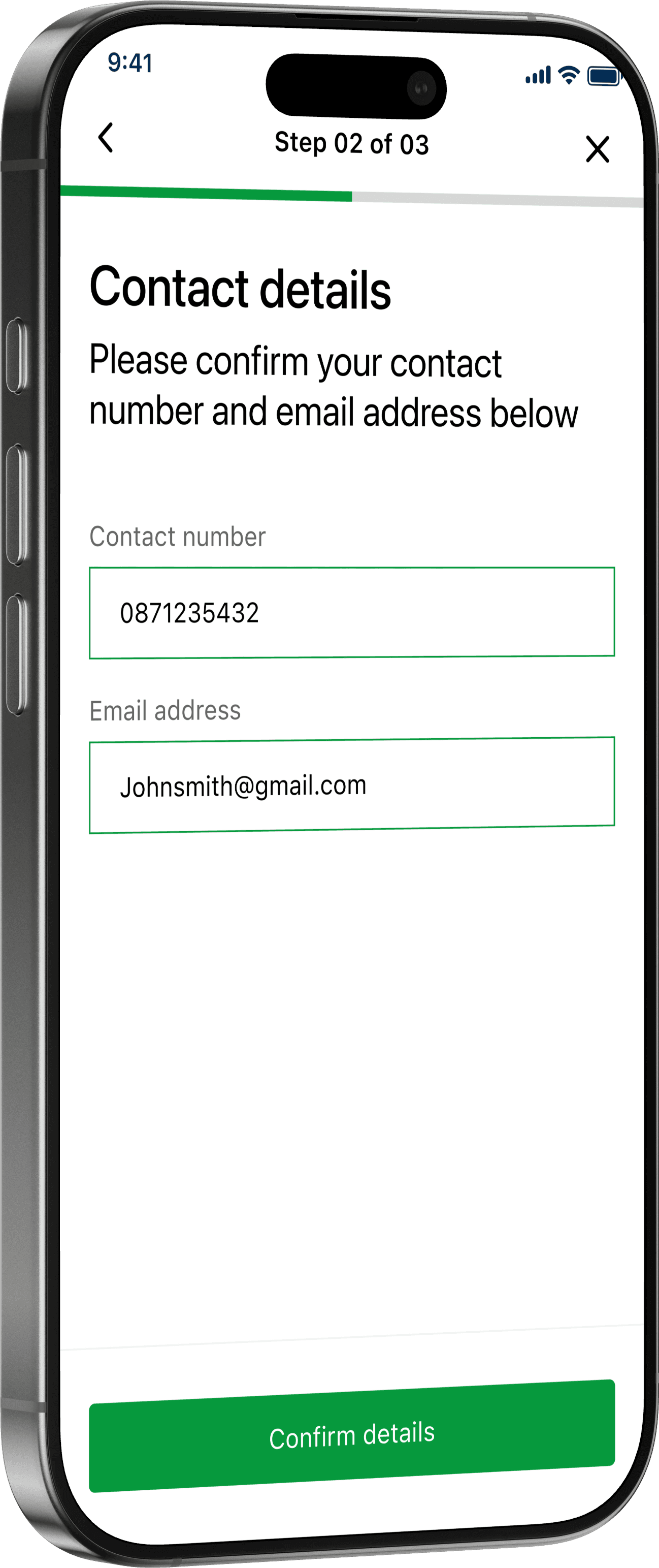 Step 2 of 3: "Contact details", confirming a contact number and email address before continuing.