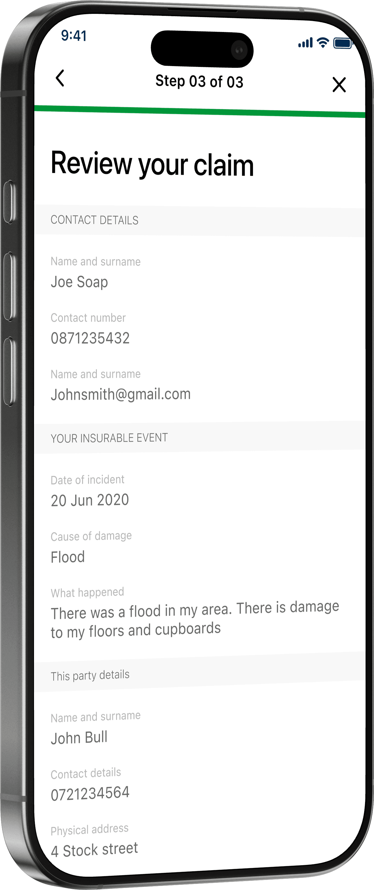 Step 3 of 3: "Review your claim", summarising the contact details, insurable event and third-party details entered.