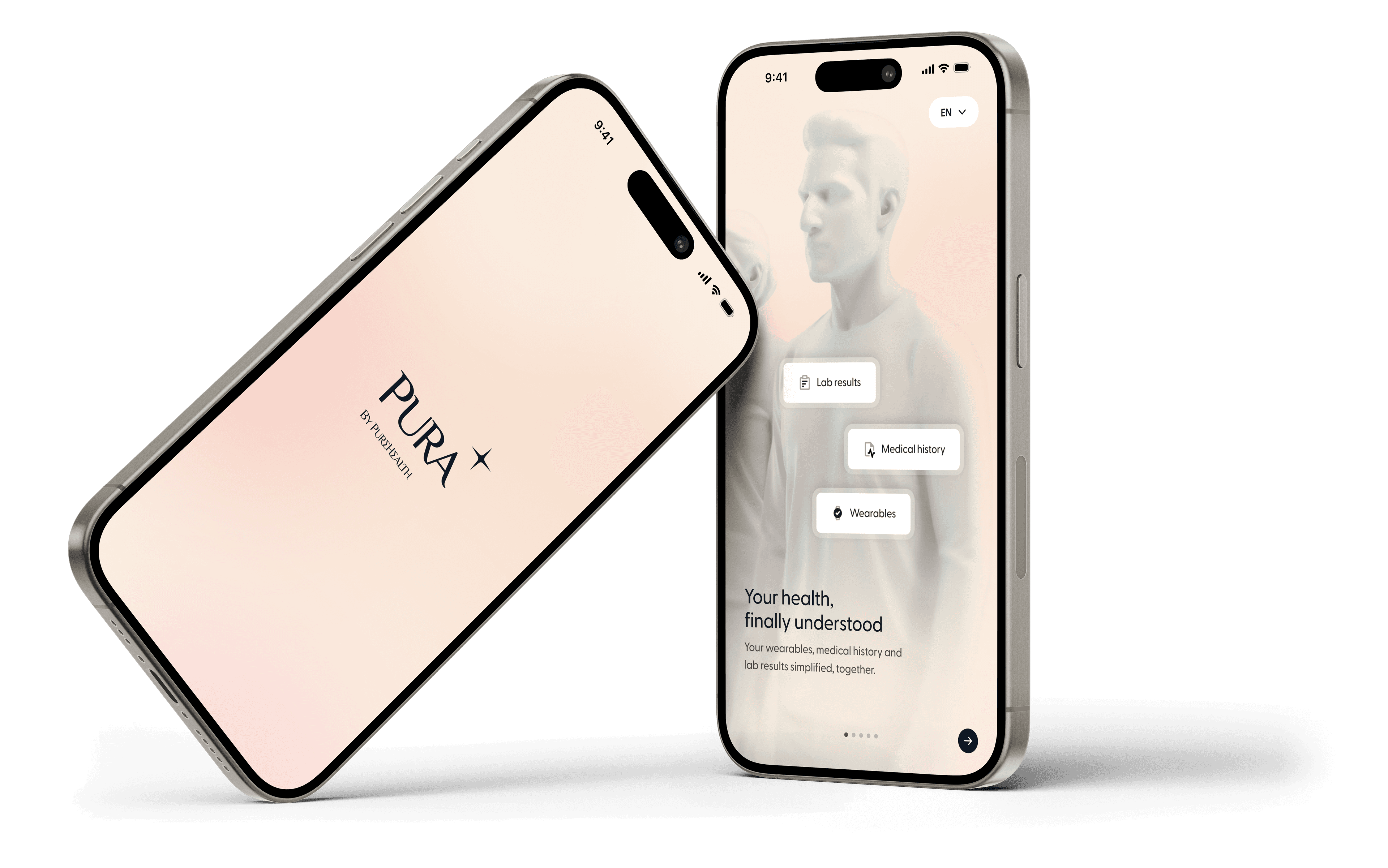 Two phones: the Pura splash screen, and an onboarding screen reading "Your health, finally understood" over a translucent figure, with Lab results, Medical history and Wearables labelled on the body.