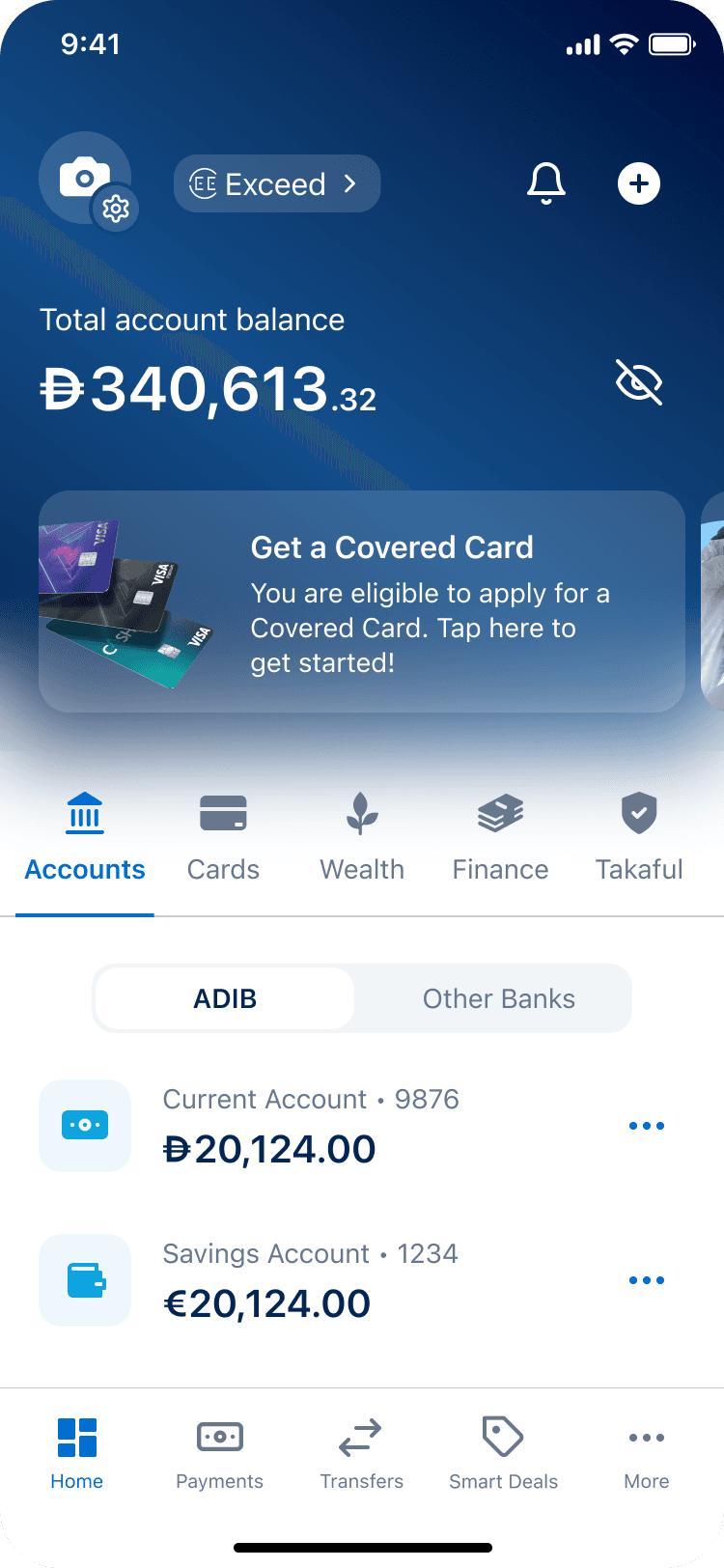 The ADIB app's home screen, showing the account balance, a Covered Card prompt, linked accounts and quick actions.