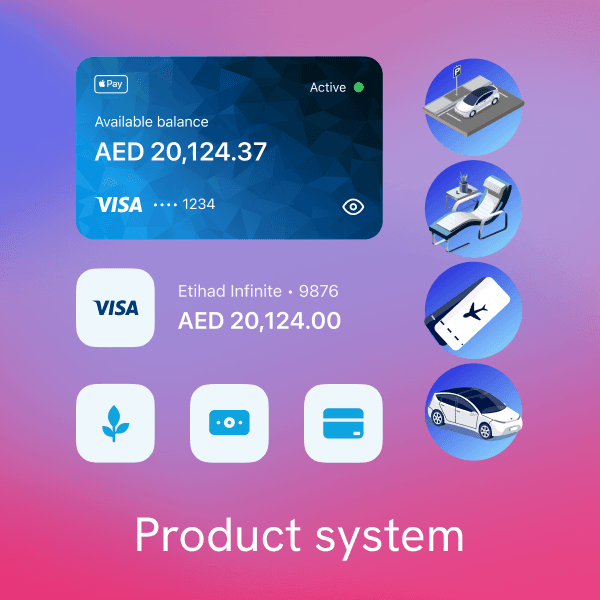 A set of ADIB cards and app screens shown together as one system.