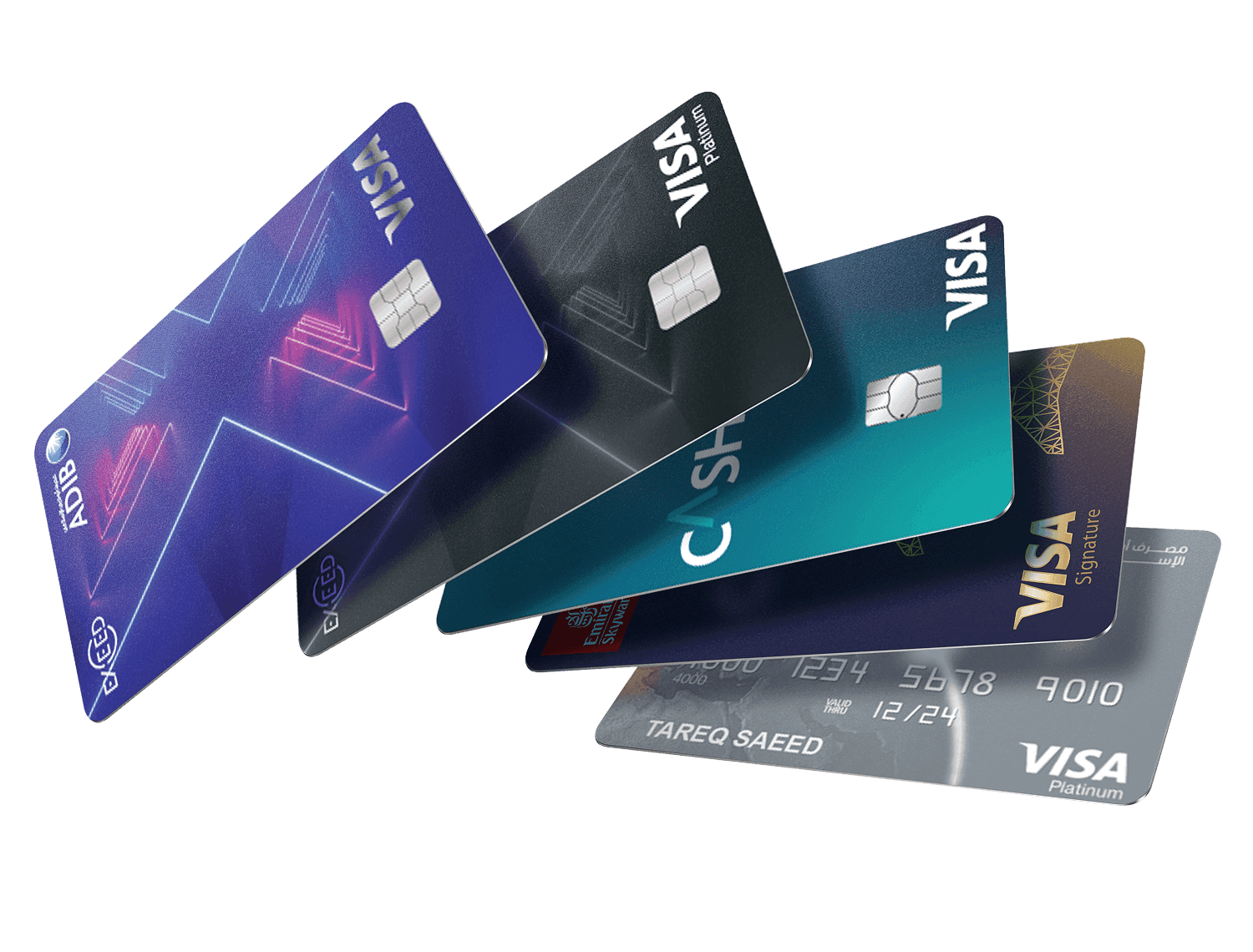 A fan of five ADIB Visa cards, including Exceed, Cashback and Signature.
