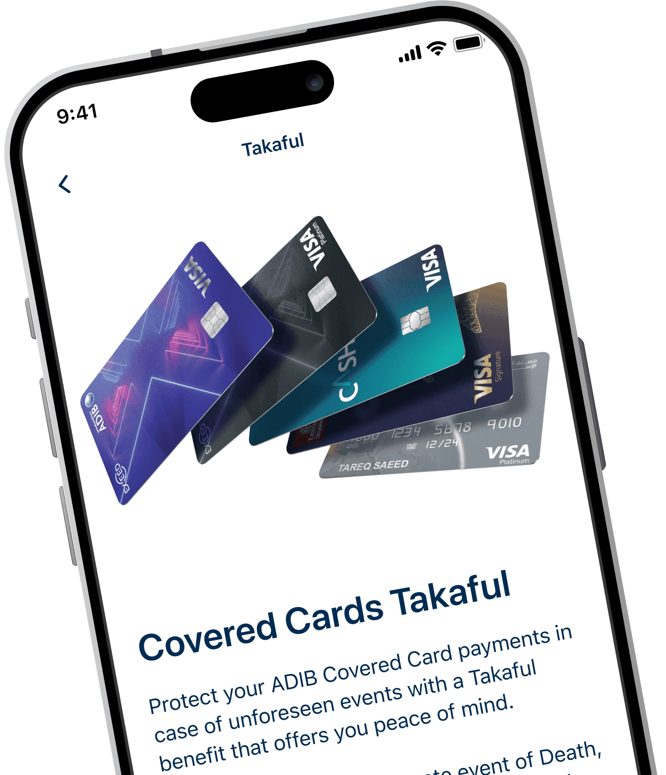 The Covered Cards Takaful detail screen, explaining how the benefit protects card payments against unforeseen events.