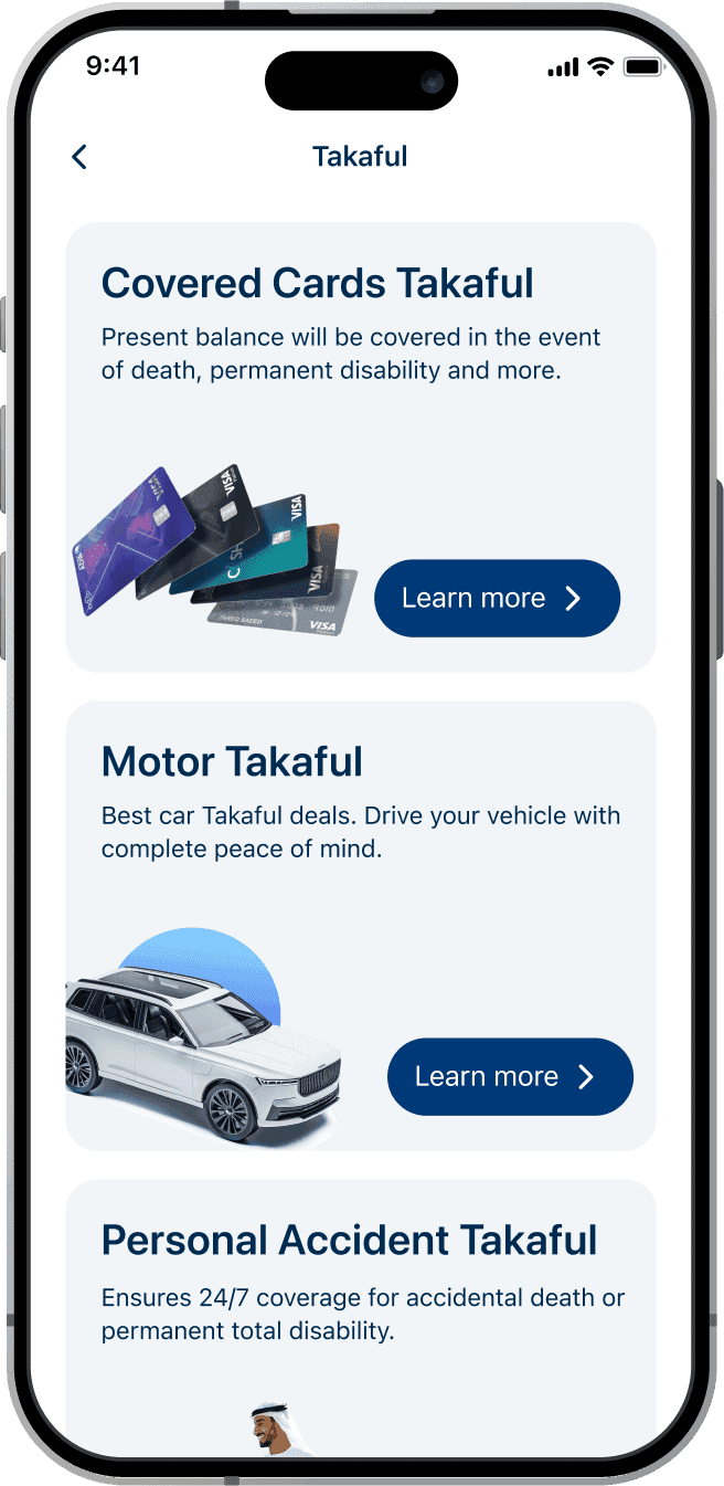 The Takaful section of the ADIB app, listing Covered Cards, Motor and Personal Accident Takaful, each with a short description and a Learn more button.